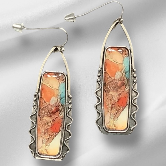 Jewelry - Boho western chic dangling antiqued silver multicolored mosaic earrings